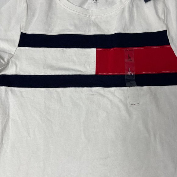 Tommy Hilfiger White Red and Blue t shirt with logo size Girls Large (12-14) NWT - Picture 2 of 7